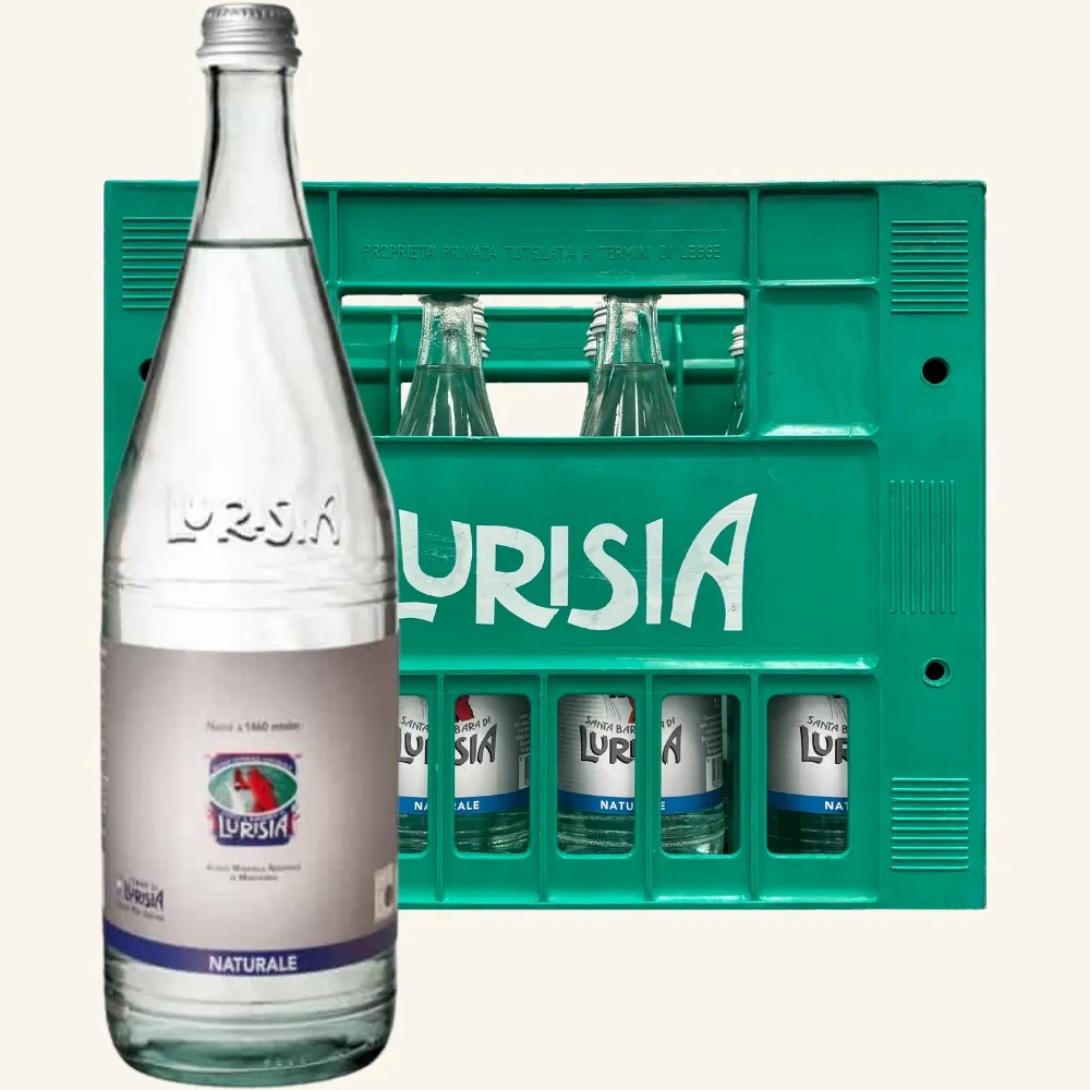 Cassa di acqua Lurisia in bottiglie di vetro, formato 1 litro · 12 bottiglie