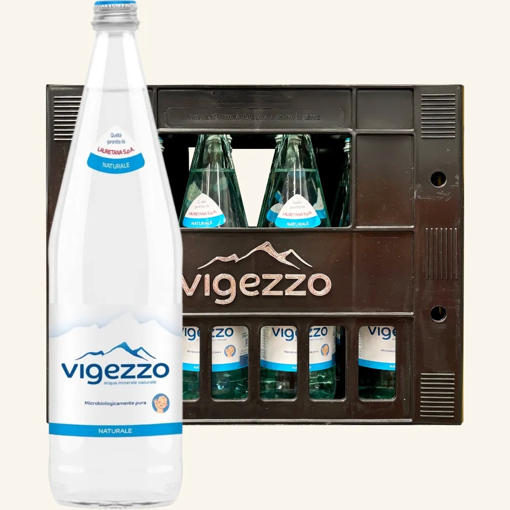 Cassa di acqua Vigezzo in bottiglie di vetro, formato 1 litro · 12 bottiglie