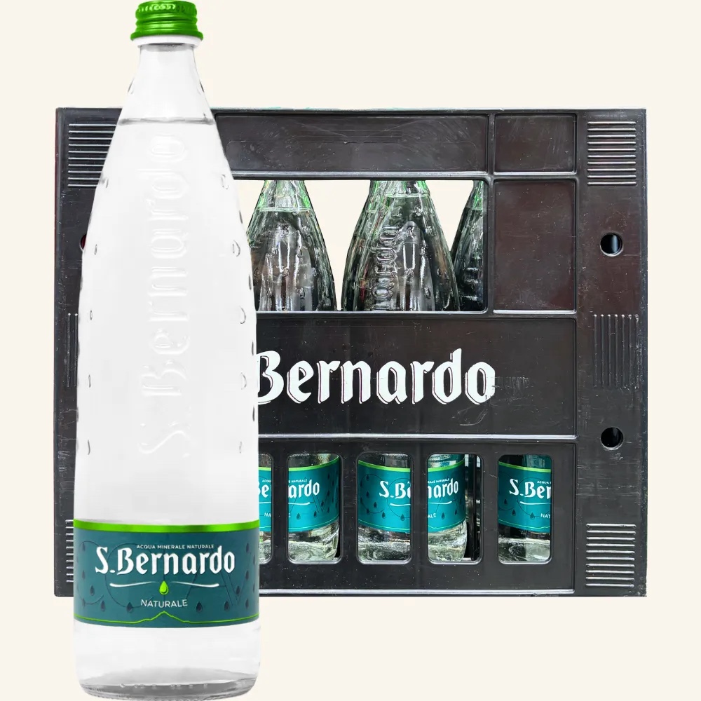 Cassa di acqua S. Bernardo in bottiglie di vetro, formato 1 litro · 12 bottiglie