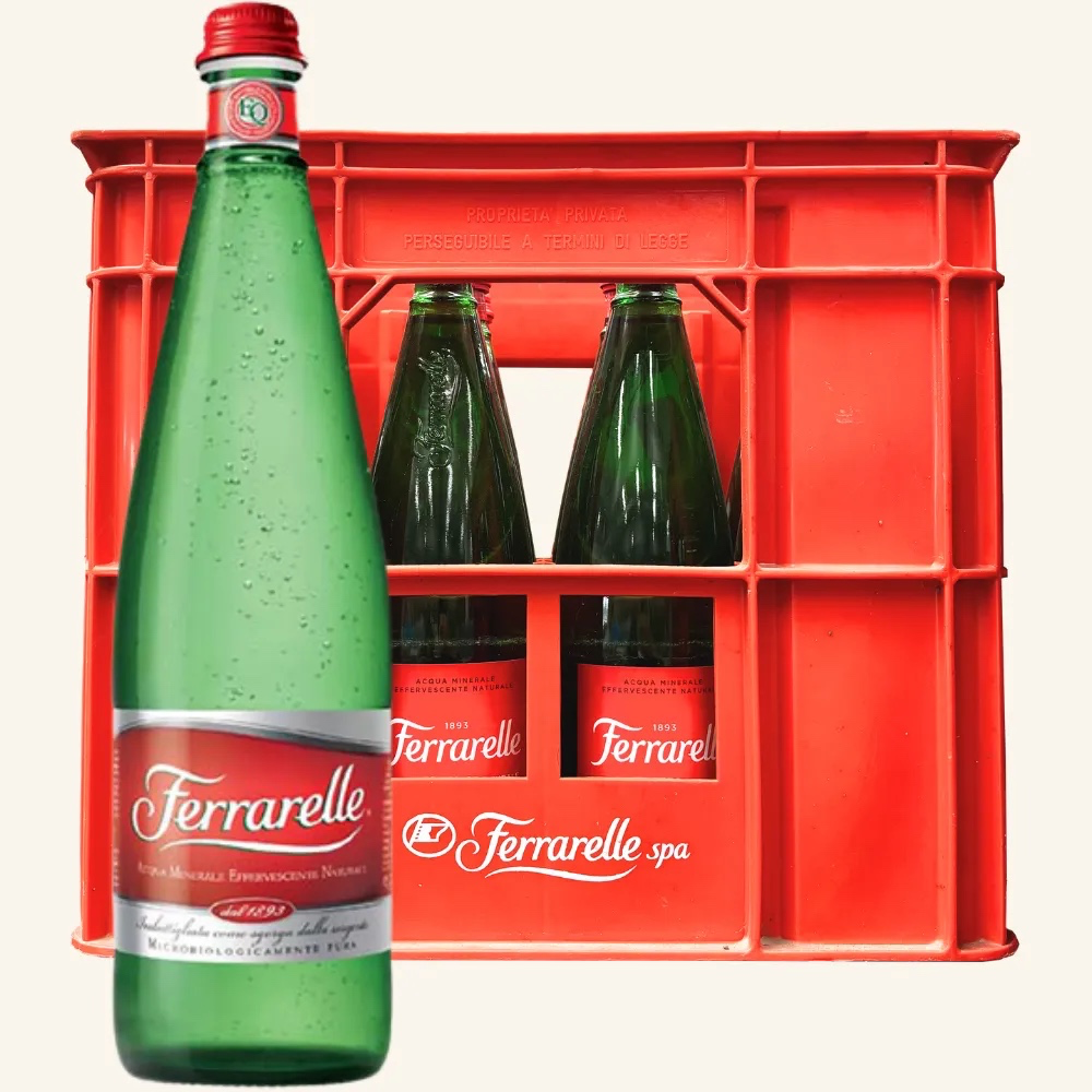Cassa di acqua Ferrarelle in bottiglie di vetro, formato 75 cl · 12 bottiglie