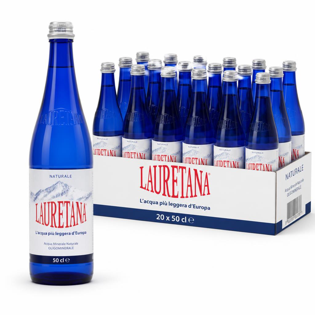 Cassa di acqua Lauretana in bottiglie di vetro, formato 50 cl · 20 bottiglie