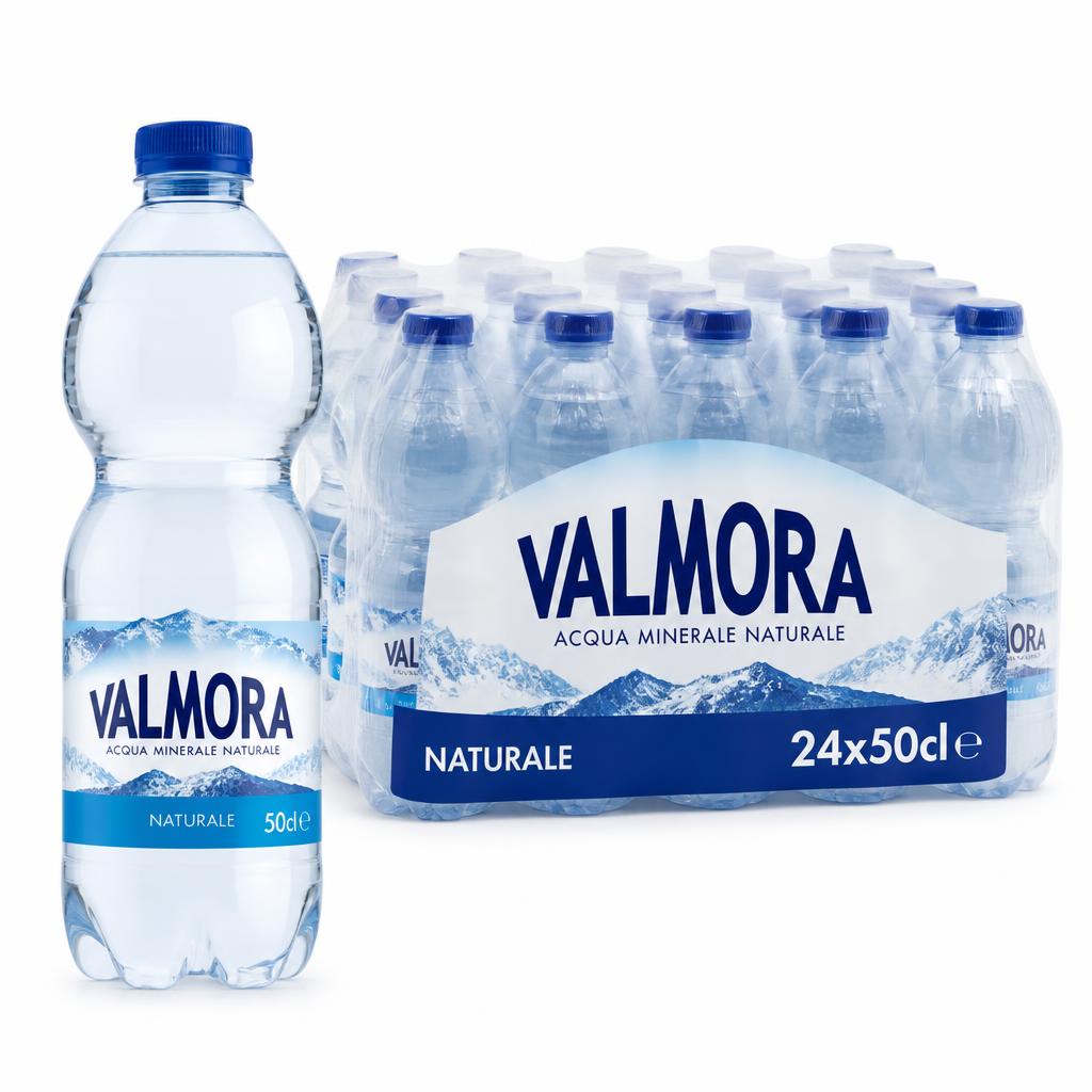 Confezione da 24 bottiglie di acqua Valmora da 50 cl in plastica